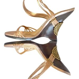 JIMMY CHOO: Rose-gold 'Geisha' braided leather, ankle-wrap wedge. Size 37/37.5.